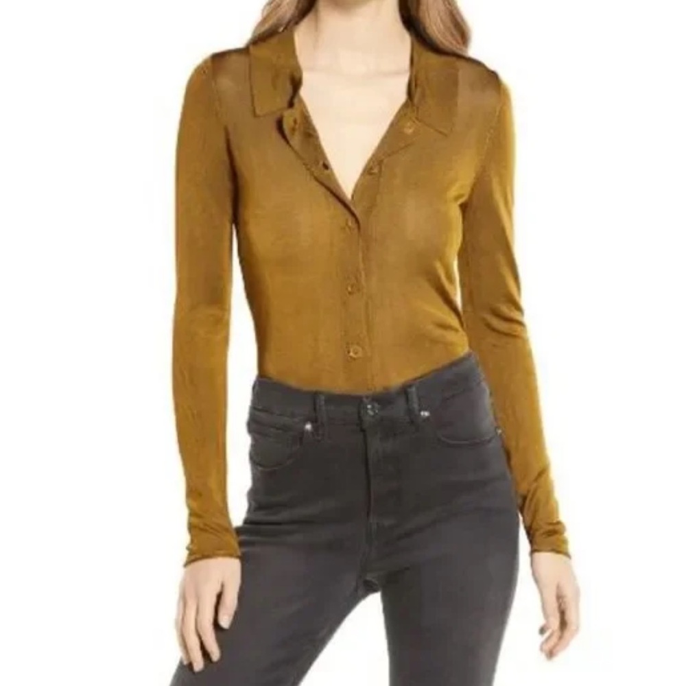Good American Womenβs Size 2 Collared Long Sleeve Sheerβ Button-Up